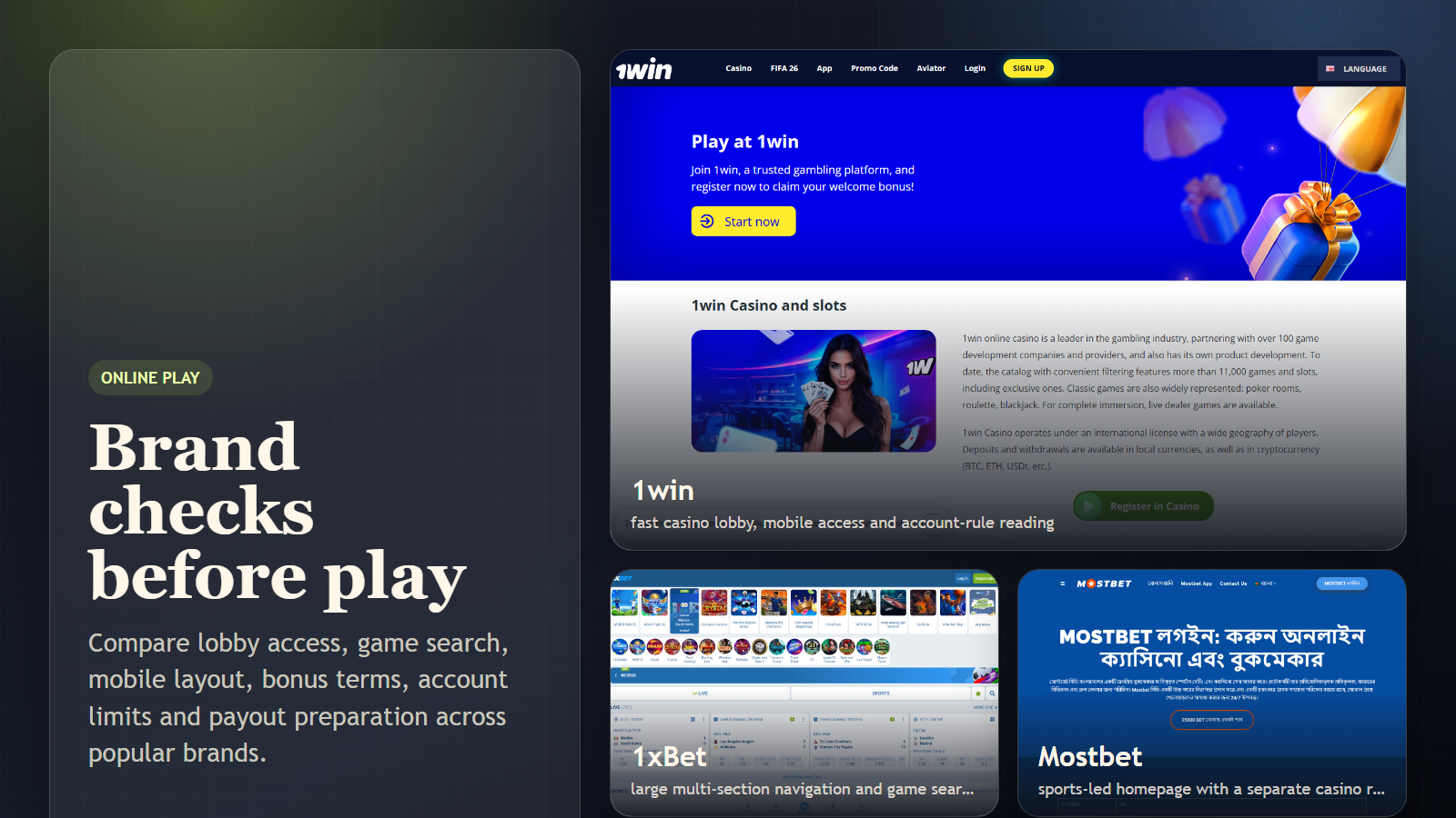 Online casino brand check collage with real public page screenshots